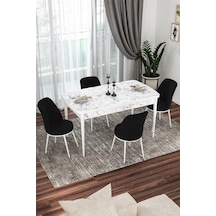 Canisa Kor Serisi 70x114 Açılabilir Mutfak Masası Takımı Beyaz Mermer Desen Masa 4 Siyah Sandalye Masa Beyaz Mermer Desenli Sandalyeler Siyah