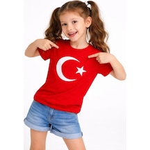 Mzpkartan Kız Çocuk Tişört Bisiklet Yaka Ay Yıldız Bayrak Baskılı T-shirt - Kırmızı