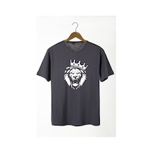 Erkek Antrasit Aslan Önü Baskılı Bisiklet Yaka Oversize Rahat Kalıp Basic T-shirt 22y-3400761-2 Antrasit