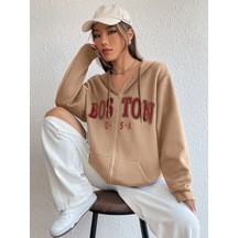 Altamira Unisex Bej Boston Baskı Kapüşonlu Hırka 001
