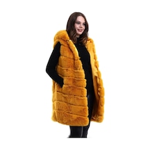 Kadın Kapüşonlu Peluş Kürk Yelek Premium Kalite Tam Astarlı Uzun Model - Sarı Çok Renkli