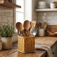 Kare Hasır Dokulu Plastik Rattan Kaşıklık &amp Amp Çatallık Askılı Kendiliğinden Tutmalı Çok Amaçlı Mutfak Organizeri 5047 3 Adet Gümüş Toka
