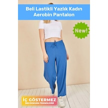 Terletmez Rahat Kalıp Beli Lastikli Bol Paça Salaş Yazlık Kadın Mavi Aerobin Pantolon Mavi