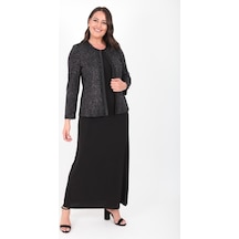 Ladies First Büyük Beden 3306 Siyah Gümüş Abiye Ceket+Elbise Takım
