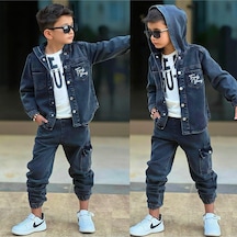 My Kids Wear Erkek Çocuk Bayramlık Kapüşonlu Kot Ceket, Pantolon & Tişört 3 Lü 12488 Füme