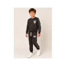 Rony Pony Kids Erkek Çocuk Koyu Kahverengi 88 Nakışlı Biyeli Sweatshirt Jogger Eşofman Takımı