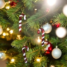 Vıp Deluxe 6 Adet Baston Süs 13 Cm Parlak Simli Kırmızı Yılbaşı Ağacı Süsleri Noel Ağacı Süsleri
