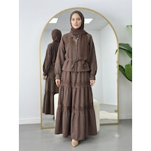Lovie Moda Dantel Şeritli Gömlek Etekli Takım Kahverengi