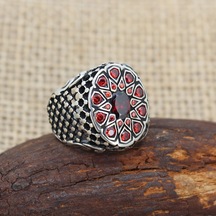 Kırmızı Zirkon Taşlı Oval Kasa 925 Ayar Gümüş Erkek Yüzüğü Gümüş