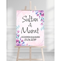 Söz Nişan Düğün İçin 50x70 Karşılama Panosu - Renkli Çiçek Tasarımlı 007 Beyaz