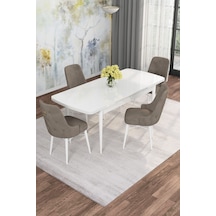 Mona Beyaz 80x132 Açılabilir Mdf Masa Yemek Odası Takımı, Mutfak Takımı 4 Adet Sandalye Beyaz Masa - 4 Cappuccino - Beyaz Ayak