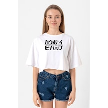 Cowboy Bebop Retro Letter Logo Beyaz Kadın Crop Tshirt Beyaz