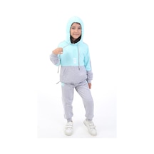 Toontoy Kids Toontoy Kız Çocuk 2'li Takım Kapüşonlu Cepli Sweatshirt & Beli Paçası Lastikli Jogger Eşofman Altı - Renk Bloklu & Bant Detaylı & 2 İplik Su Yeşili