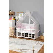 Ahşap Beşik Anne Yanı Beşik Beyaz 60x120 Pembe Prenses Kız Uyku Seti Yatak Beyaz
