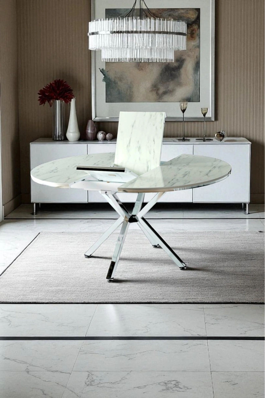 Dengema Zenit Plus Açılır Yuvarlak Masa Sandalyesiz Beyaz Mermer, Krom Ayak, Ø120 160 Cm Beyaz Mermer - Krom Ayak