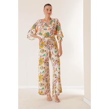 By Saygı Beli Lastikli Cepli Palazzo Pantolon Ön Arka V Yaka Crop Çiçekli İkili Takım - 34128 - Hardal