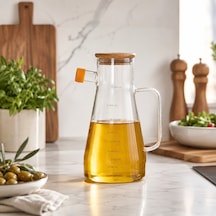 Mien 900 Ml Cam Yağdanlık Ahşap Kapaklı Ölçekli Borosilikat Cam Zeytinyağı Sirkelik Yağ Şişesi Şeffaf