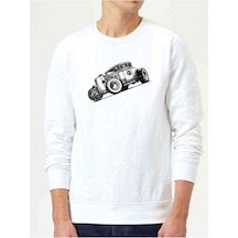Retro Baskılı Beyaz Erkek Örme Sweatshirt