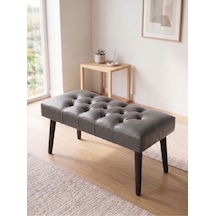 Modern Kapitoneli Gri Deri Kumaş Bench Puf Oturma Bankı Ahşap Siyah Ayaklı Demonte 90x45