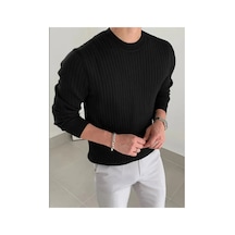 Cool Tarz Erkek Siyah Bisiklet Yaka Slim Fit Triko Kazak Siyah Siyah