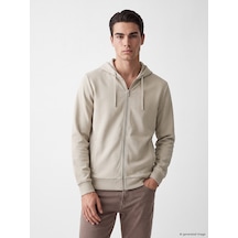 Lcwaıkıkı Classic Bej Kapüşonlu Erkek Fermuarlı Sweatshirt