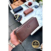Tigan Unisex Antik Kahve Çift Fermuarlı Hakiki Deri Telefon Cüzdanı El Çantası Kahverengi