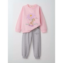 Kız Çocuk Çiçek Desenli Pamuklu Eşofman Takım-14584 Pembe