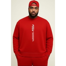 Benroma 3 İplik Penye Dik Yazı Baskılı Büyük Beden Unisex Sweatshırt Kırmızı
