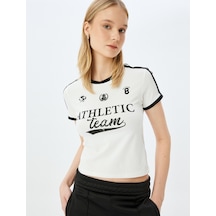 Koton Bisiklet Yaka Kısa Kollu Biyeli Kolej Baskılı Slim Fit Tişört Ekru 5sal10162ık Ekru