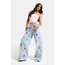Itsbasic Kadın Ice 11s6-3 Palazzo Fit Gül Çiçek Nakış Detaylı Özel Tasarım Denim Jean Buz Mavi