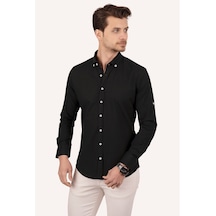 Erkek Siyah Yaka Düğmeli Keten Slimfit Kutulu Gömlek Siyah Erkek Siyah Yaka Düğmeli Keten Slimfit Kutulu Gömlek Siyah