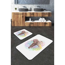 Ekru Fil Desenli Banyo Halısı Klozet 2'li Paspas Seti Bs224n11