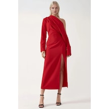 Hiccup Asimetrik Yaka Yırtmaçlı Bodycon Midi Elbise Kırmızı