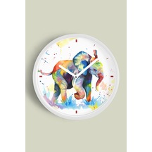 Renkli Fil Desenli Modern Duvar Saati - 30cm - Önü Camlı Beyaz Kasa - Sessiz Mekanizma Beyaz
