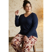 Siyah İnci Desenli Nakışlı Büyük Beden Battal Boy Viskon Örme Pijama Takım 26224826 Lacivert