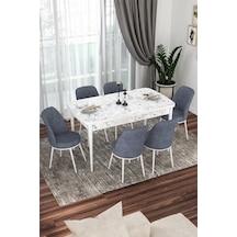 Canisa Concept Kor Serisi 70x114 Açılabilir Mutfak Masası Takımı Beyaz Mermer Desen Masa 6 Füme Sandalye Masa Beyaz Mermer Desen Sandalyeler Füme