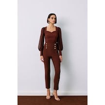 Sateen Düğme Detaylı Pantolon - Kahve-133793 Kahverengi