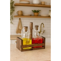Ahşap Standlı Borosilikat Cam Zeytinyağı & Sirkelik Yağlık Seti 200 Ml Kahverengi