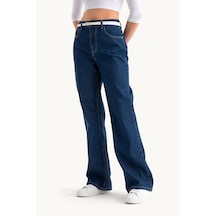 Hiccup Yüksek Bel Geniş Paçalı Kot Pantolon Koyu Mavi Denim