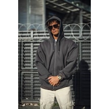 Erkek Tam Fermuarlı Cepli Kapüşonlu 3 İplik Pamuklu Hoodie Sweatshirt - Füme