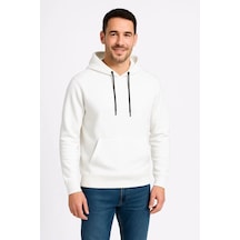 Erkek Üç İplik Kapüşonlu Kanguru Cepli Sweatshirt Hoodie - Beyaz Beyaz