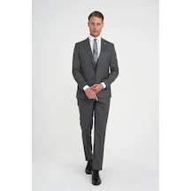 Efor Slim Fit Çift Yırtmaç Balıksırtı Desenli Yelekli Füme Takım Elbise Tk 923 Füme