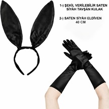 Siyah Parlak Tavşan Kulak Ve 40 Cm Parlak Siyah Eldiven Kostüm Seti 5615
