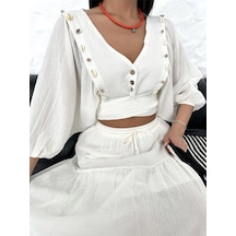 Fashion Cocktail Midye İstiridye Deniz Kabuğu V-yaka Bağlamalı Crop Dizaltı Etek Bluz Sahil Yazlık Bohem 2li Takım Beyaz