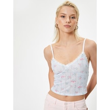 Koton İnce Askılı Çiçekli Crop Atlet Dantel Detaylı Pembe Desenli 4sak10747ek
