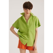 Stella Pulvis Yeşil Keten Karışımlı Tek Cep Düşük Kol Gömlek Yeşil