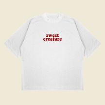 Tarzsokak Sweet Creature Baskılı Oversize Unisex Pamuklu Nefes Alan Kalın Kumaşlı Beyaz