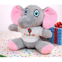 Happy Birthday Tişörtlü Peluş Oyuncak Fil Pembe
