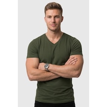 Rizzup Erkek Haki Slim Fit %90 Pamuk V Yaka Likralı Yumuşak Dokulu Basic Tişört 1801165