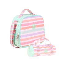 Kaukko Isı Yalıtımlı Beslenme Çantası Ve Kalemlik Seti - Kız Çocuğuna Özel - Çizgi Desenli - Su Yeşili Pembe Renkli Turkuaz - Pembe